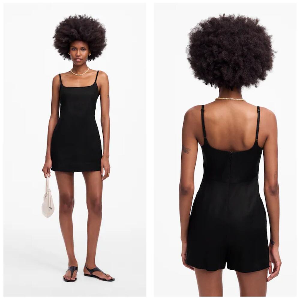 Madewell Squareneck Romper Size 14 Black Sleeveless Linen Blend Preppy